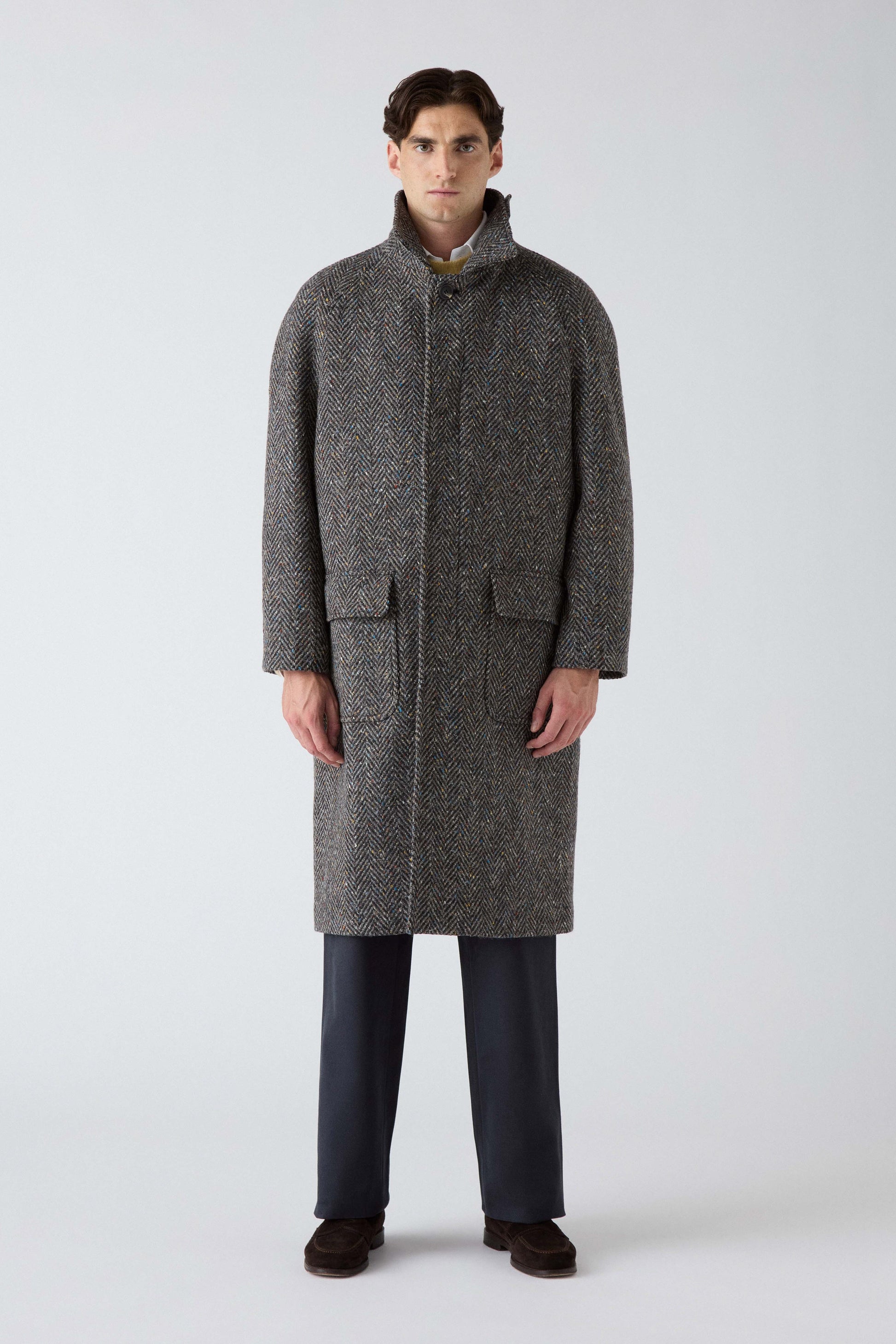 Nelson Tweed Raglan Coat - Dark Grey/Multicolour | Berg & Berg