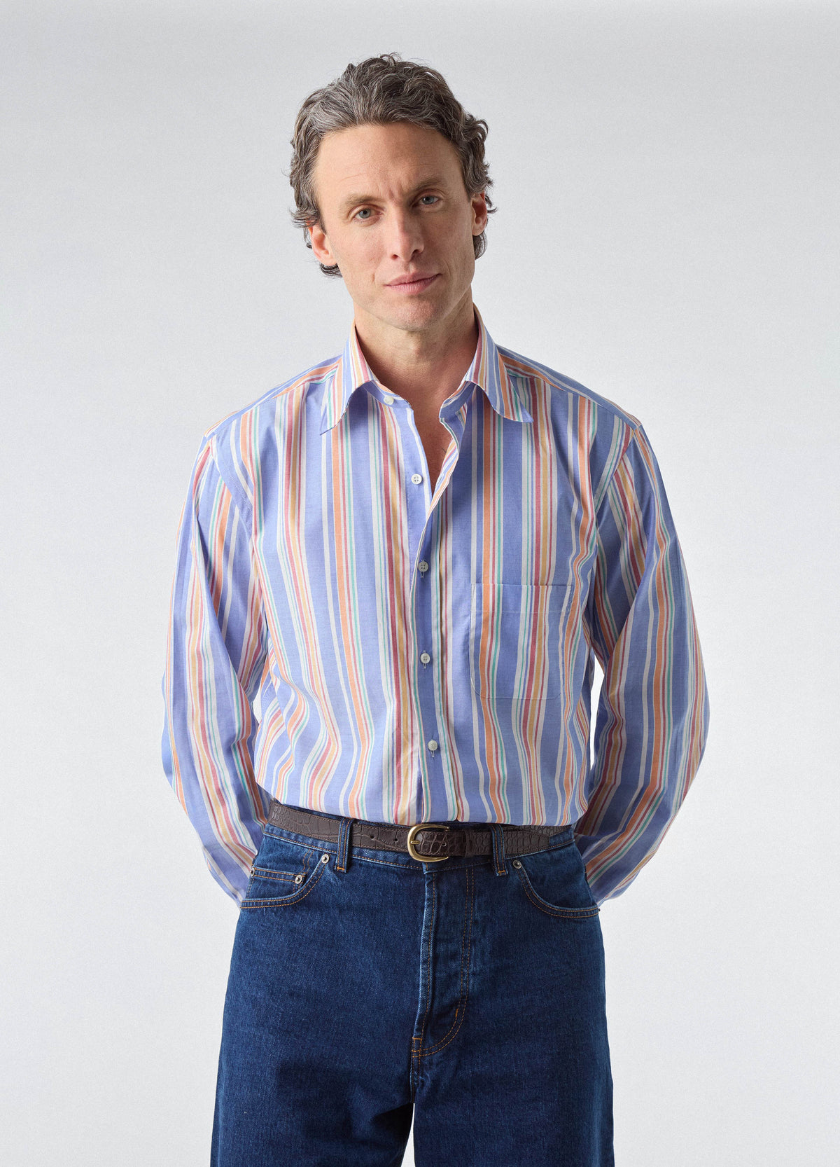 Fabian Poplin Turndown Collar Shirt - Blue/Multi | Berg & Berg