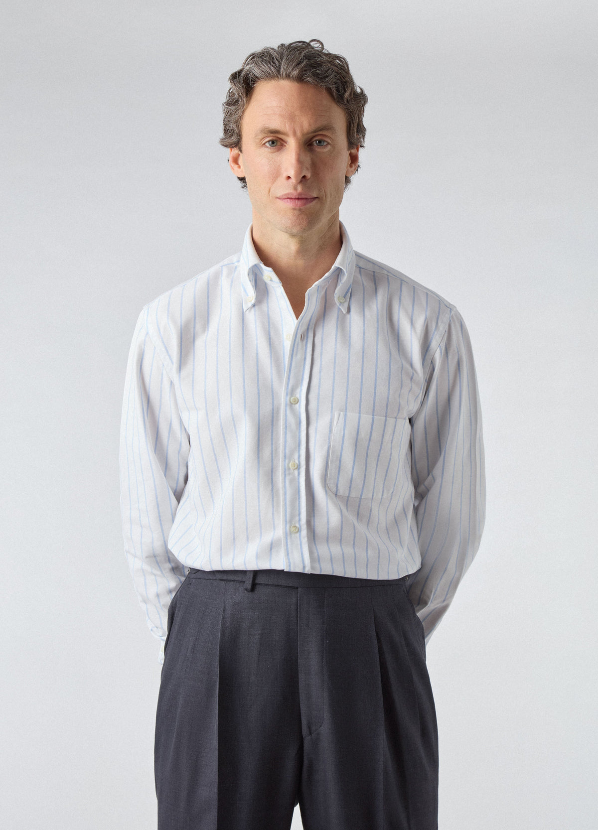 Ferdinand Oxford Button Down Shirt - White/Blue Thin Stripe | Berg & Berg