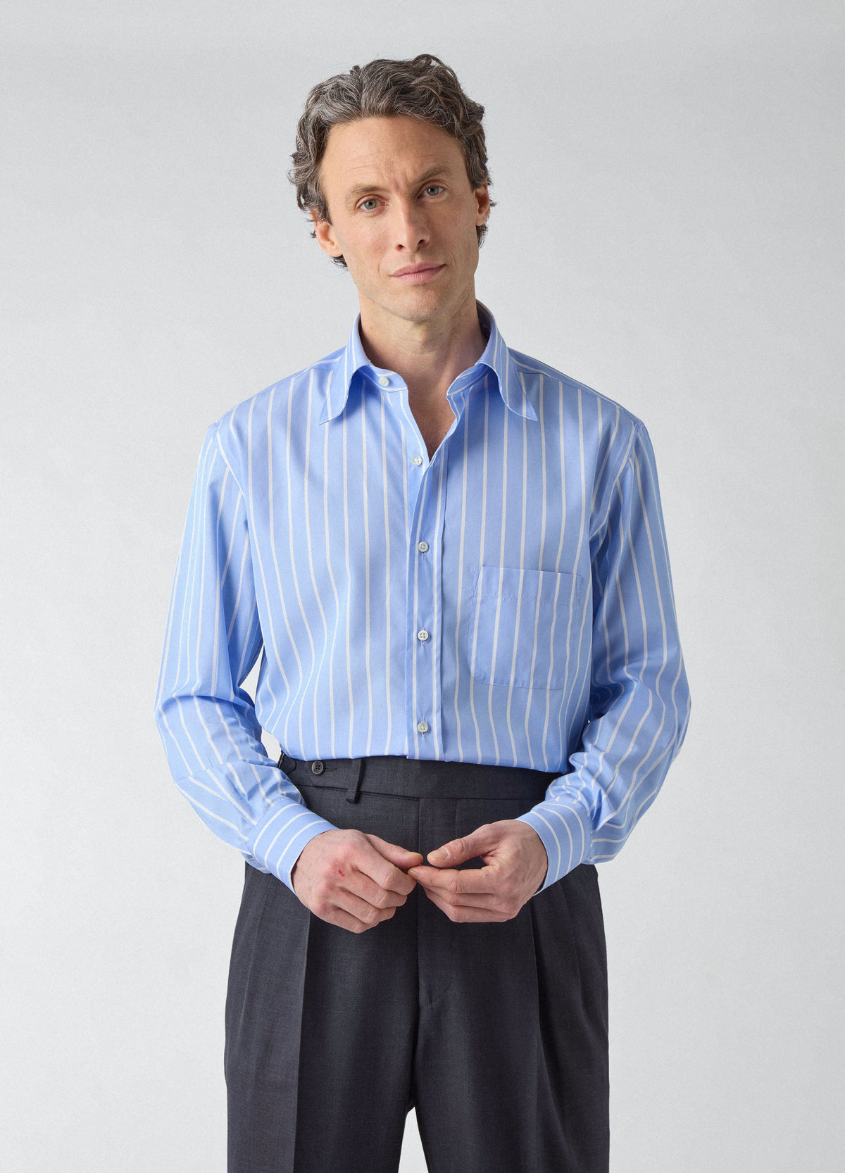 Fabian Poplin Turndown Collar Shirt - Blue/White | Berg & Berg