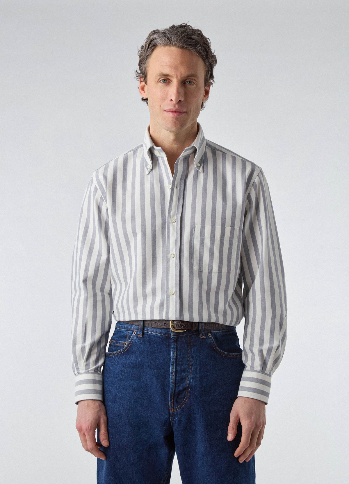 Ferdinand Oxford Button Down Shirt - Off White/Navy Butcher Stripe | Berg & Berg