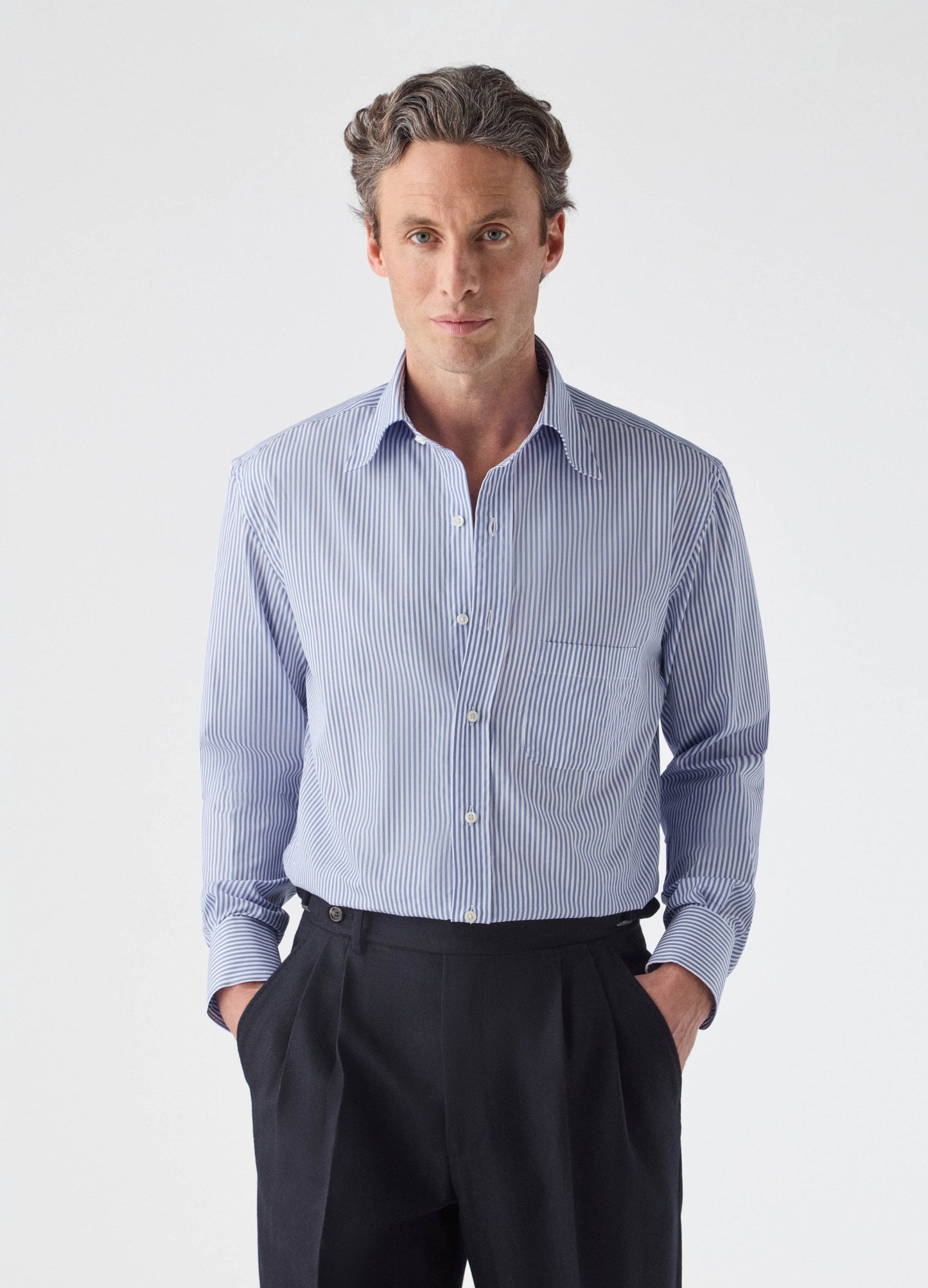 Fabian Poplin Turndown Collar Shirt - White/Blue Berg & Berg