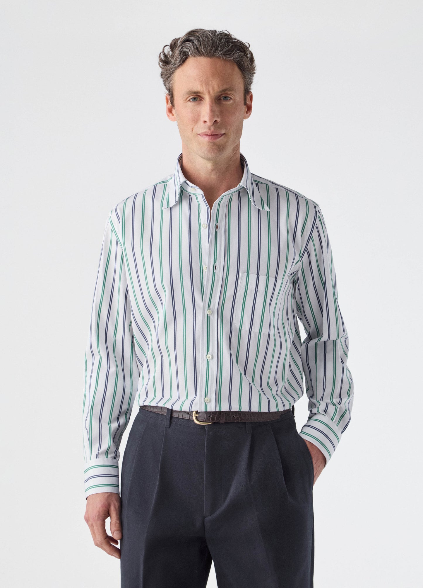 Fabian Poplin Turndown Collar Shirt - Blue/Green/White Berg & Berg