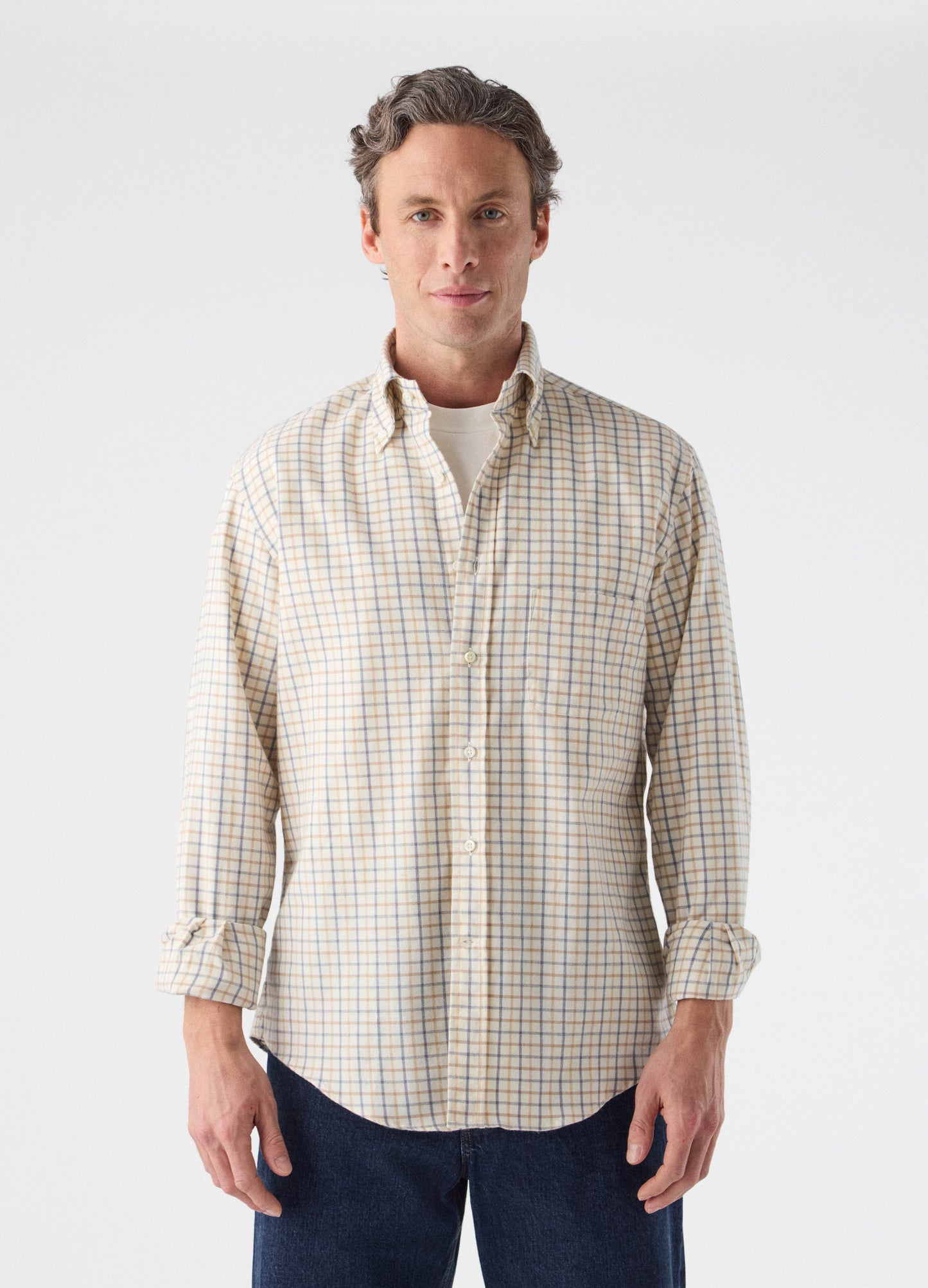 Ferdinand Cotton/Cashmere Button Down Shirt - Cream/Brown/Blue Berg & Berg