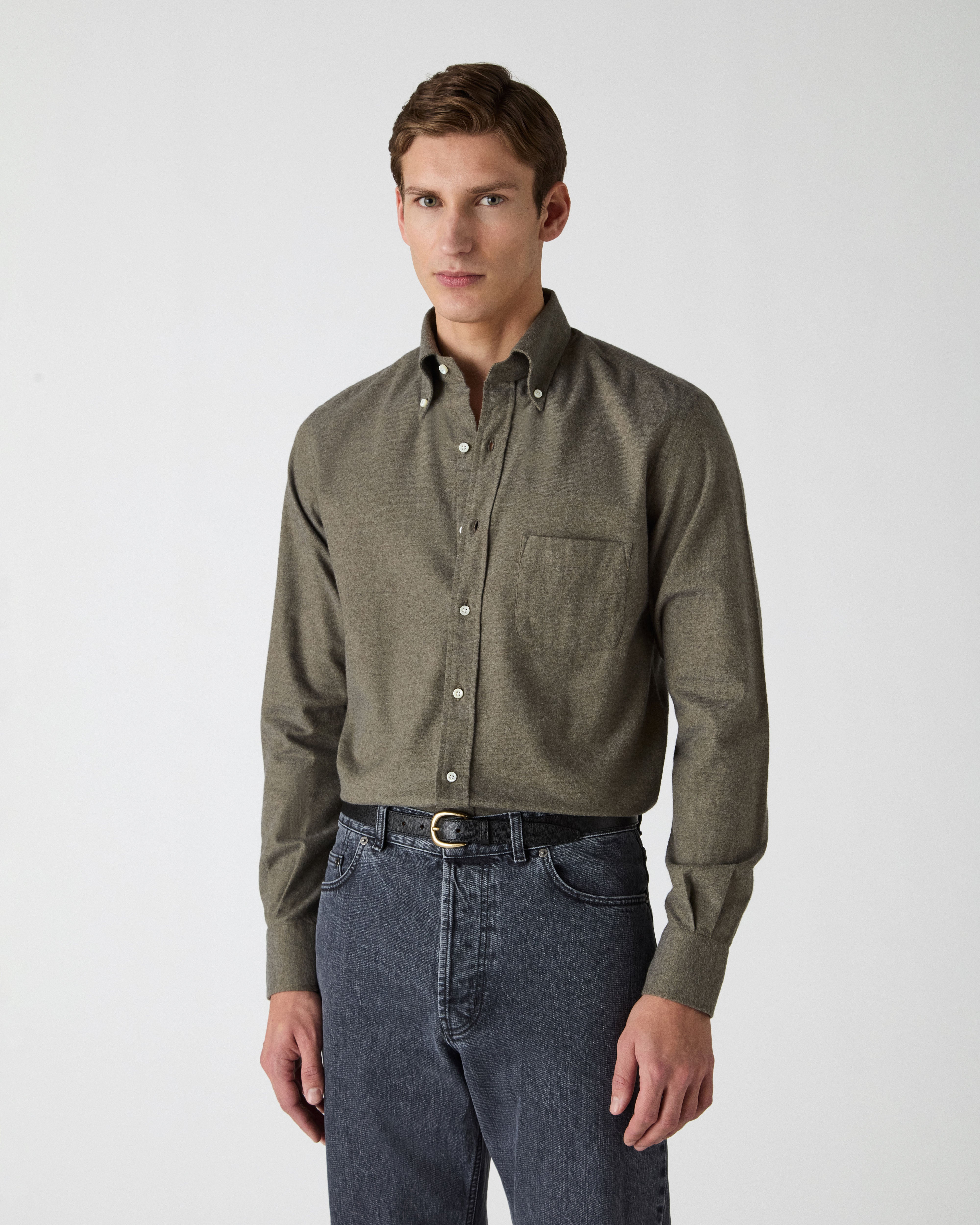 Ferdinand Cotton/Cashmere Button Down Shirt - Moss Green Berg & Berg Ferdinand Cotton/Cashmere Button Down Shirt - Moss Green Berg & Berg