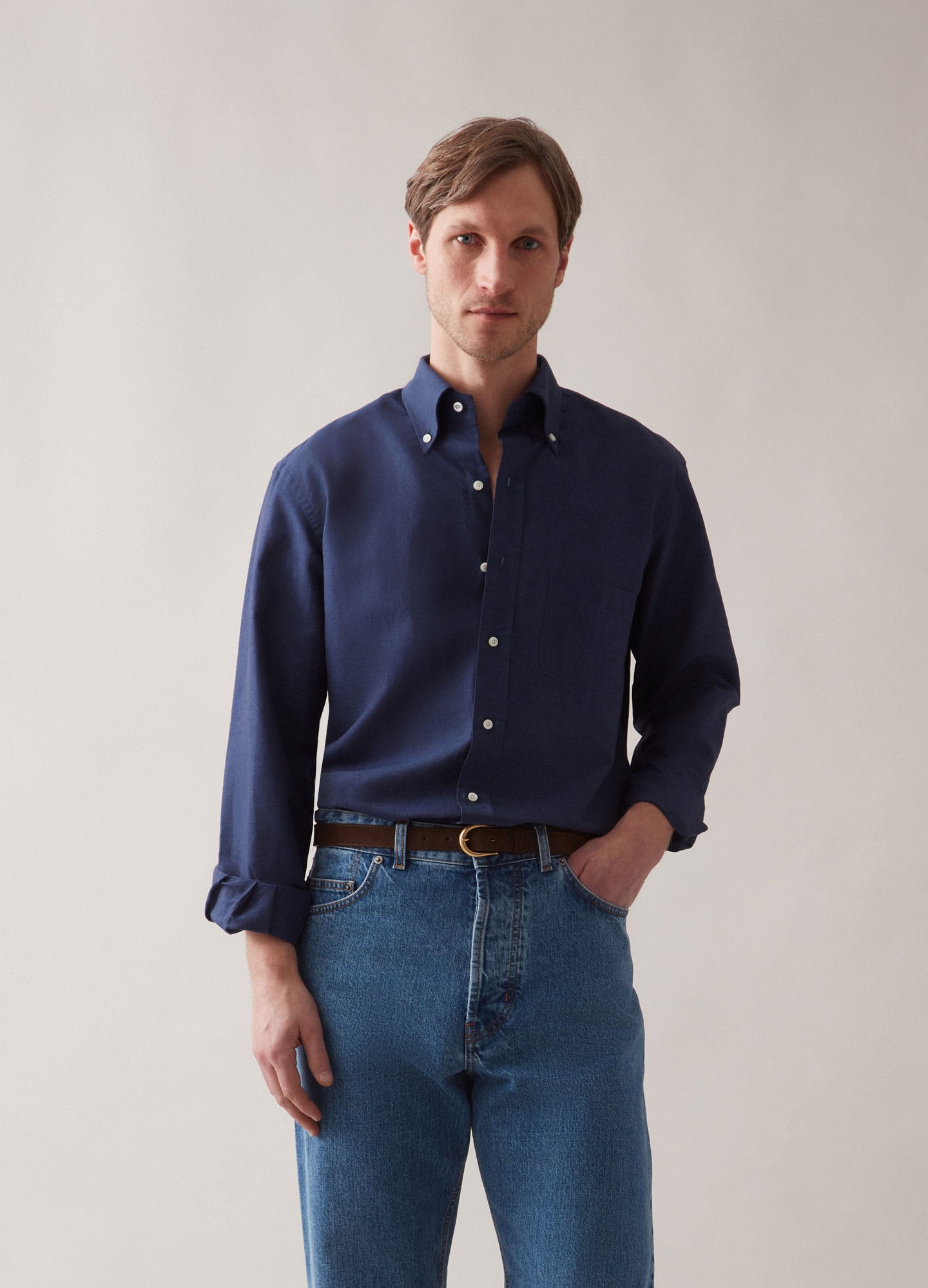 Ferdinand Cotton/Linen Button Down Shirt - Navy Berg & Berg