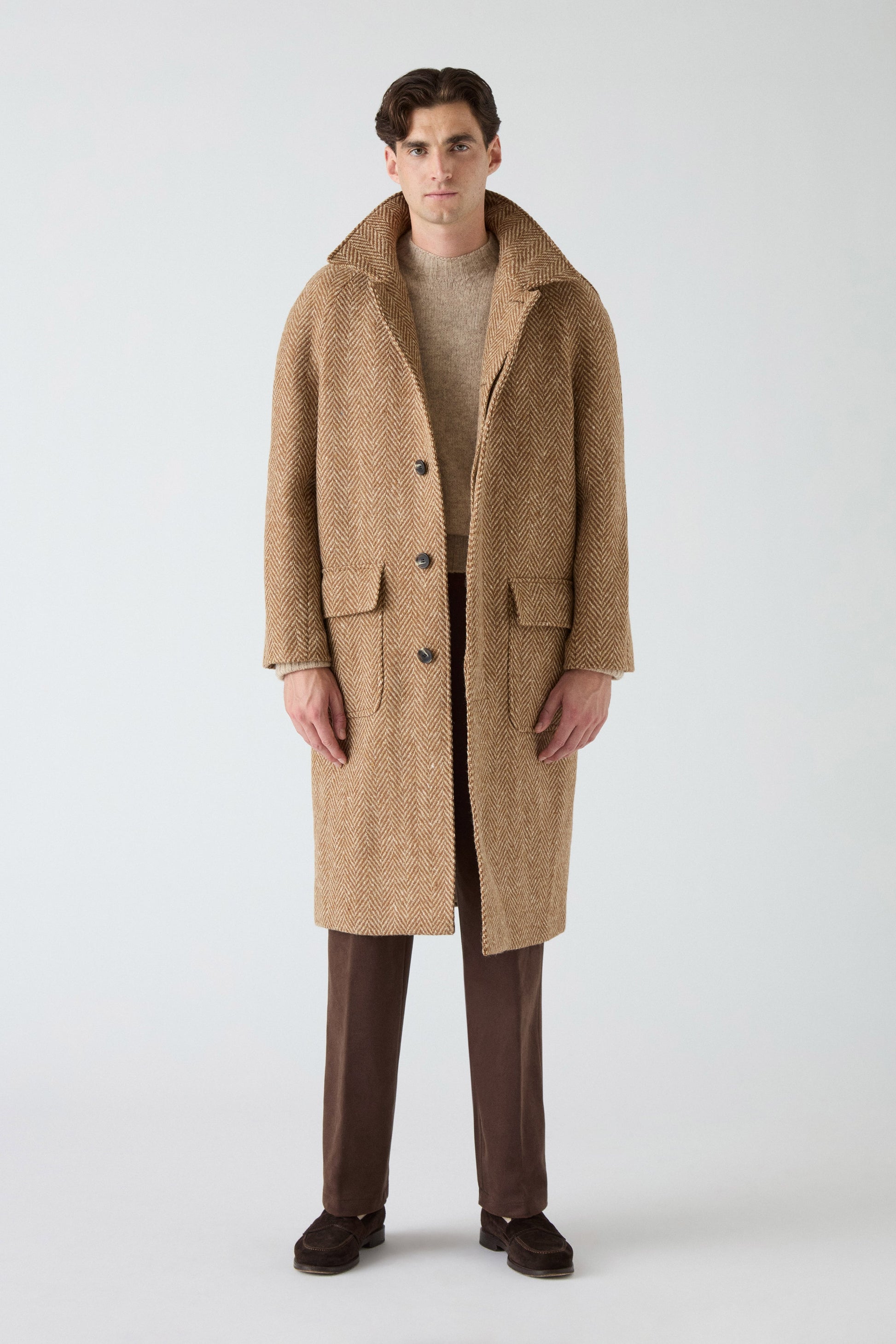 Nelson Tweed Raglan Coat - Cream/Camel | Berg & Berg