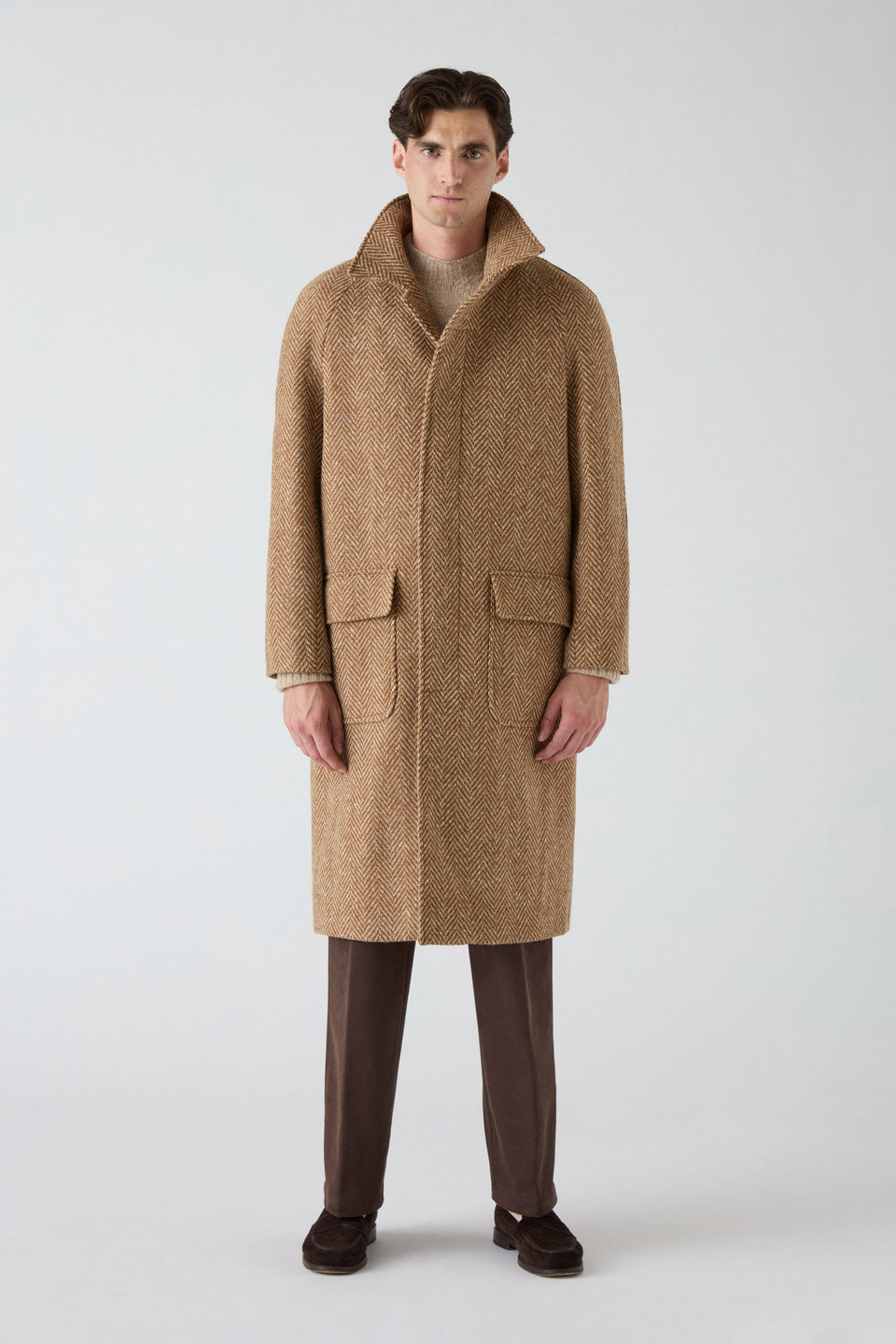 Nelson Tweed Raglan Coat - Cream/Camel | Berg & Berg