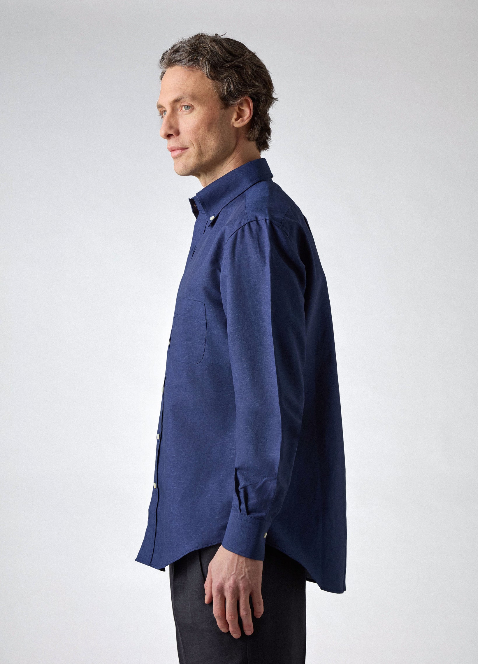 Ferdinand Cotton/Linen Button Down Shirt - Navy | Berg & Berg