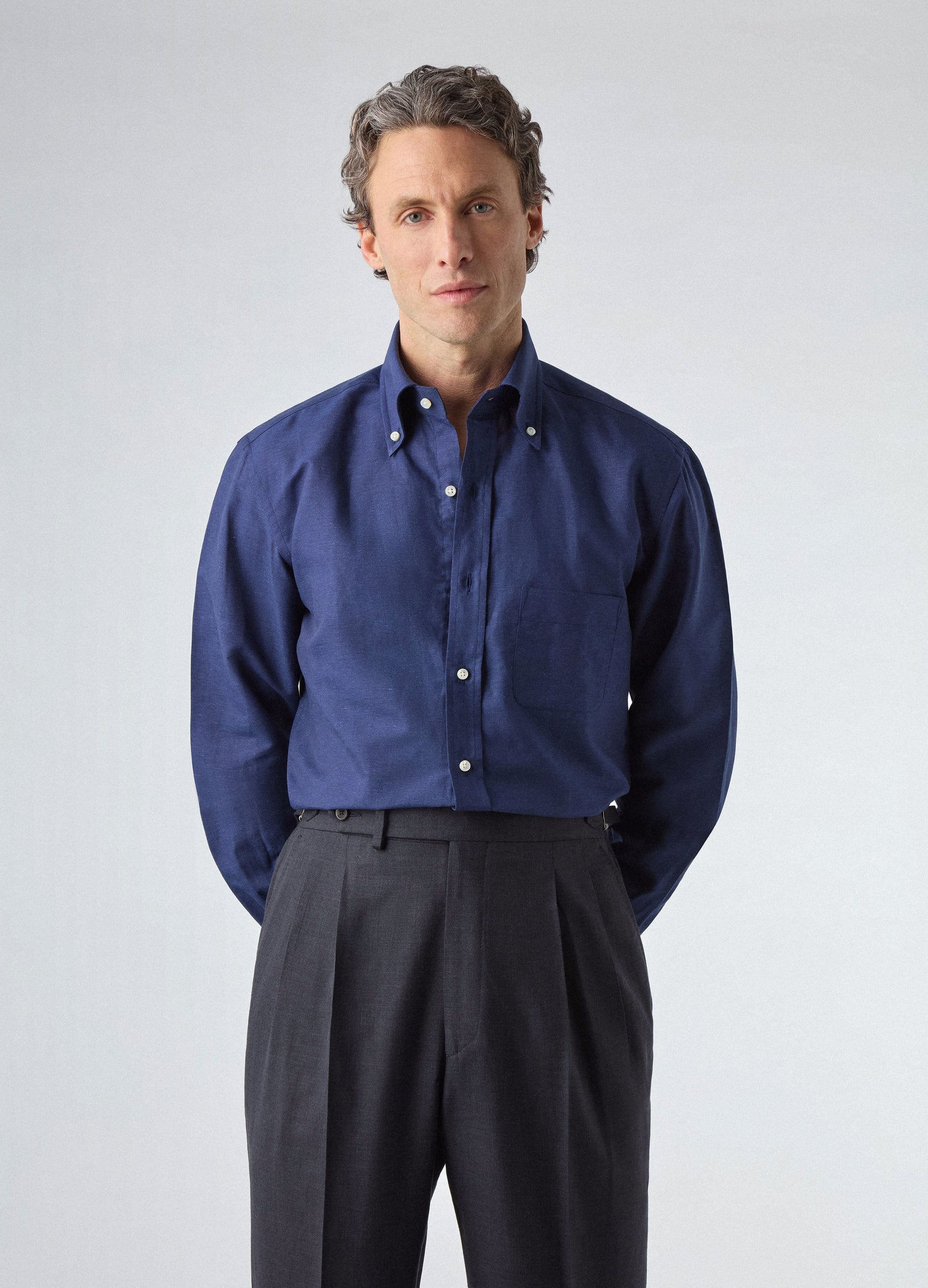Ferdinand Cotton/Linen Button Down Shirt - Navy | Berg & Berg
