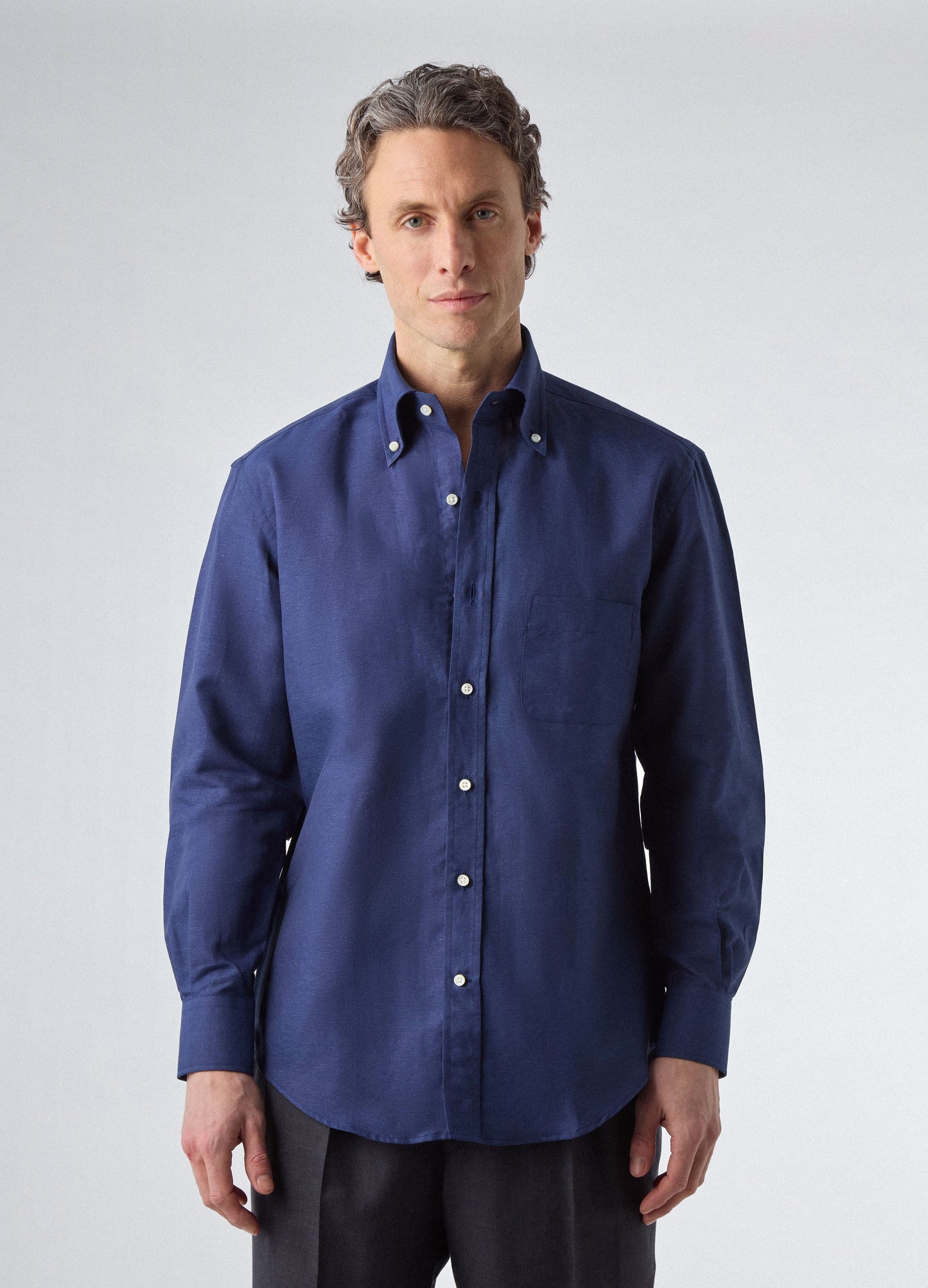 Ferdinand Cotton/Linen Button Down Shirt - Navy | Berg & Berg