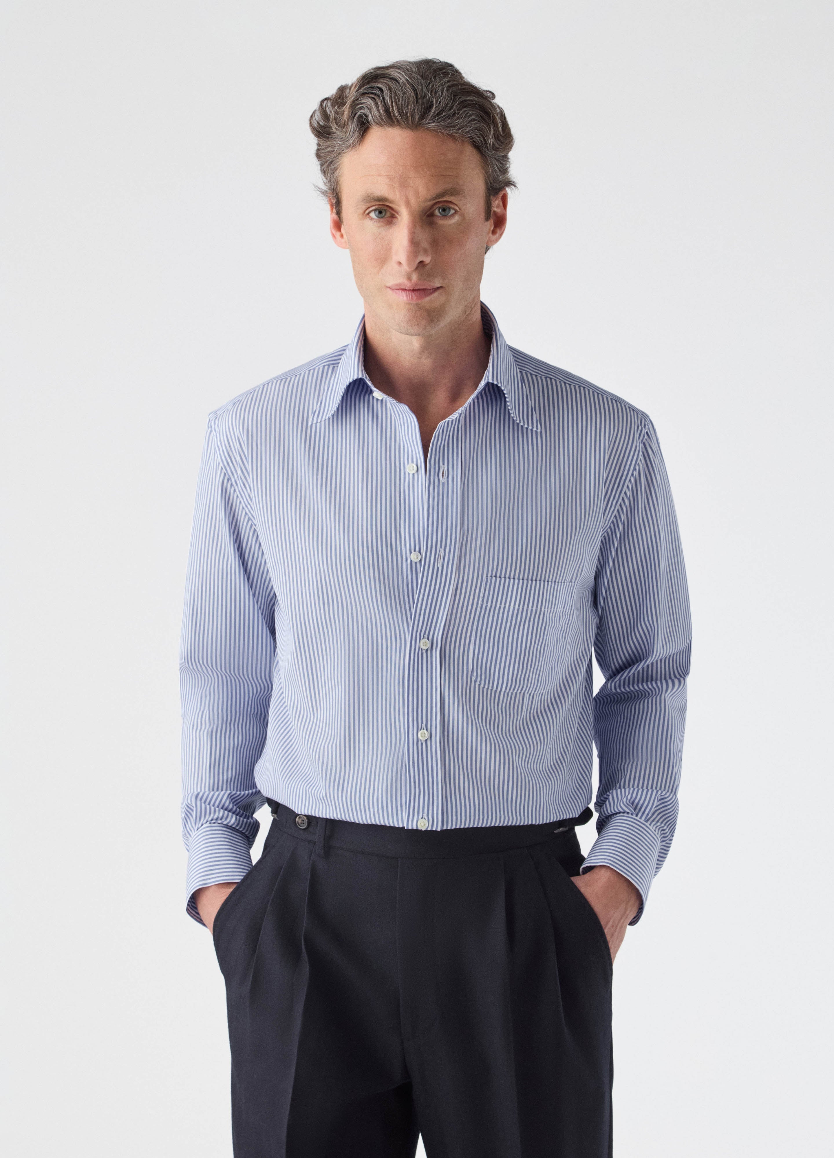 Fabian Poplin Turndown Collar Shirt - White/Blue Berg & Berg