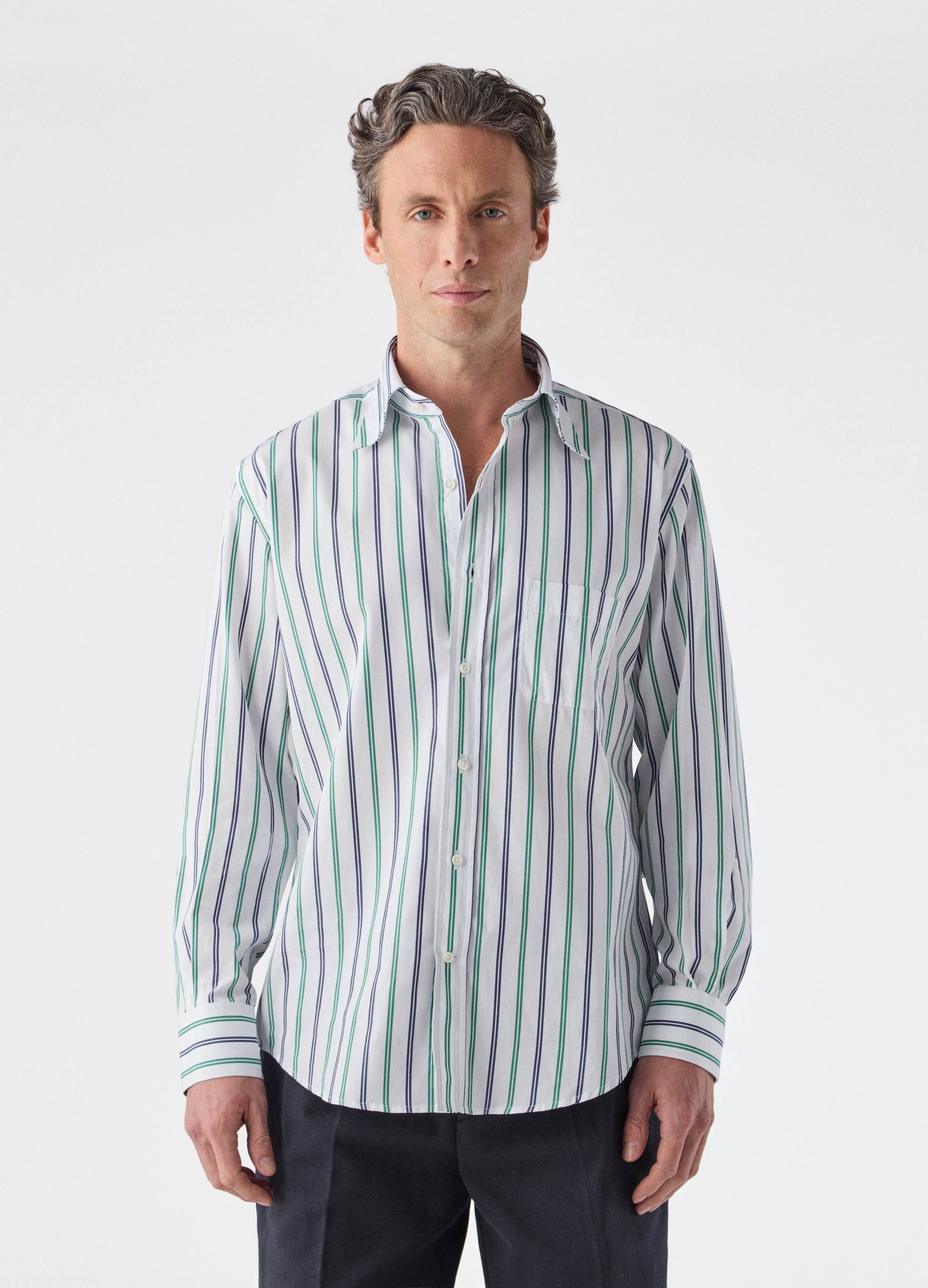 Fabian Poplin Turndown Collar Shirt - Blue/Green/White Berg & Berg