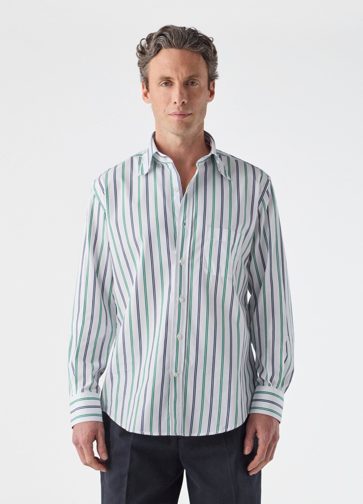 Fabian Poplin Turndown Collar Shirt - Blue/Green/White