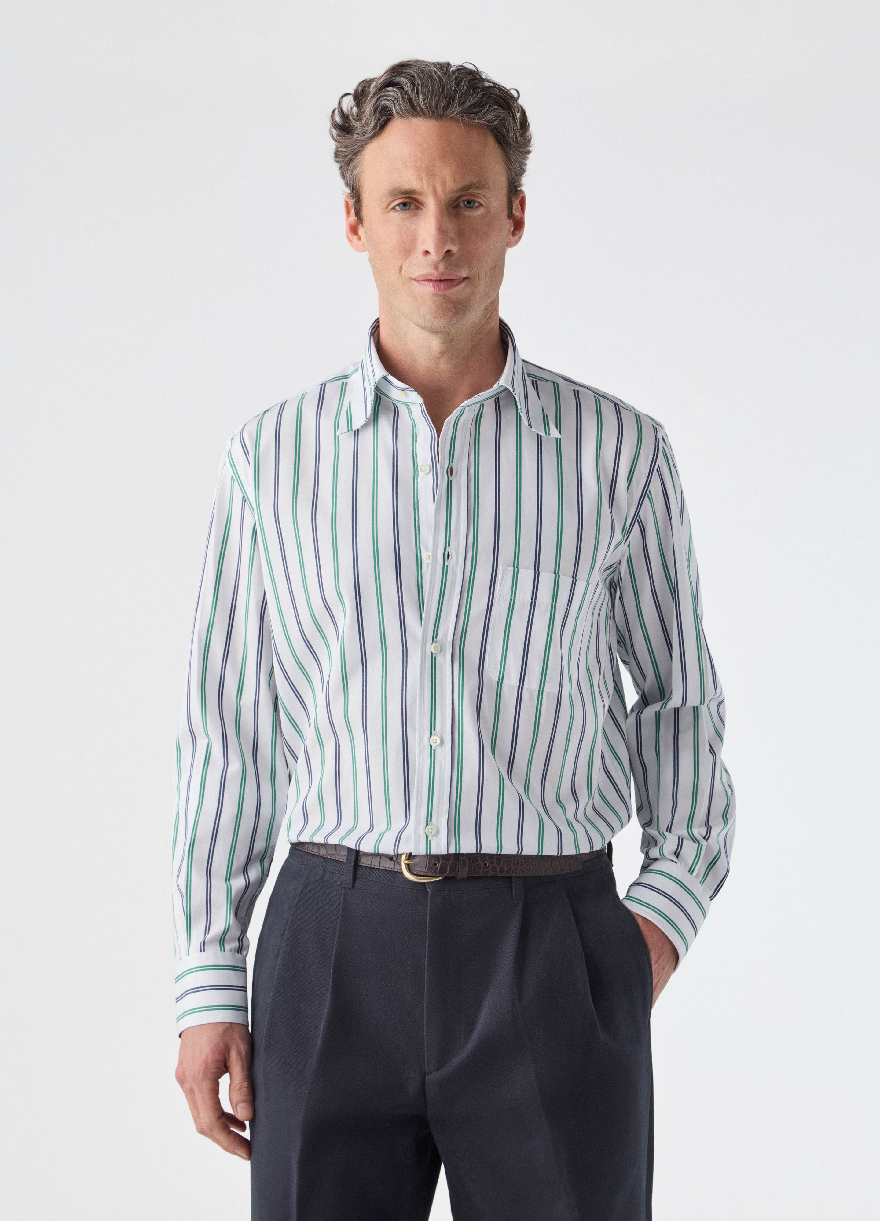 Fabian Poplin Turndown Collar Shirt - Blue/Green/White Berg & Berg