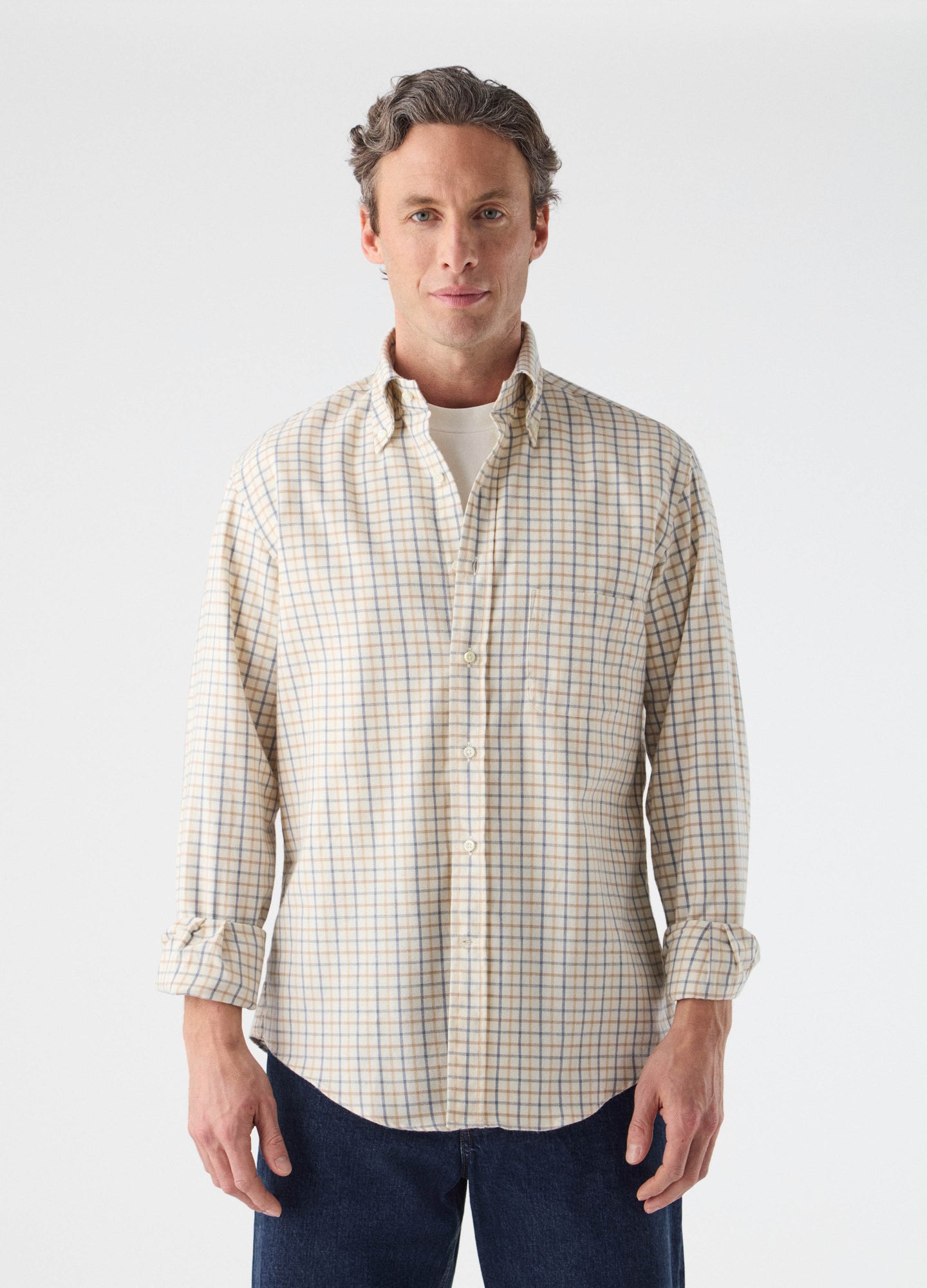 Ferdinand Cotton/Cashmere Button Down Shirt - Cream/Brown/Blue