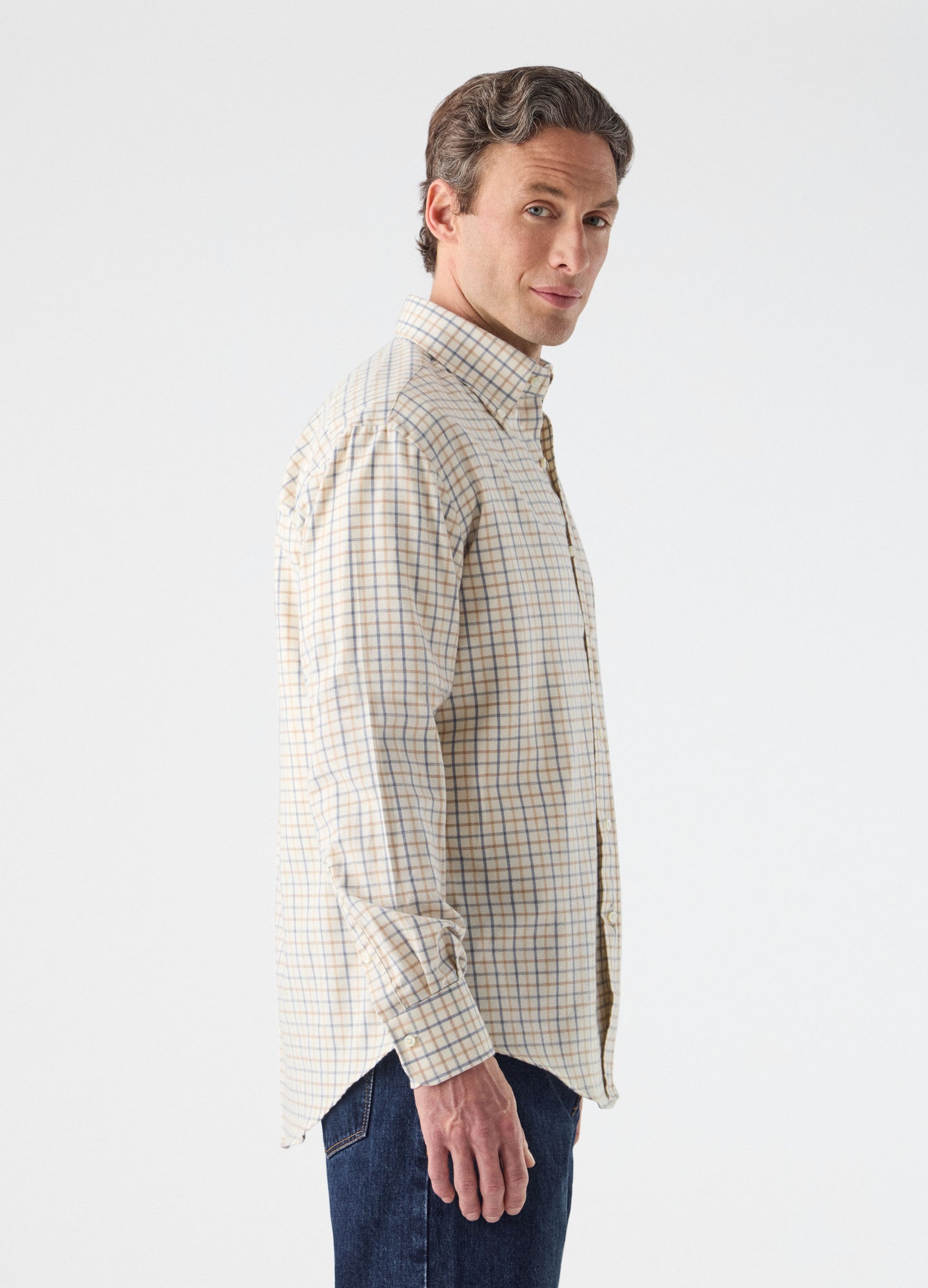 Ferdinand Cotton/Cashmere Button Down Shirt - Cream/Brown/Blue