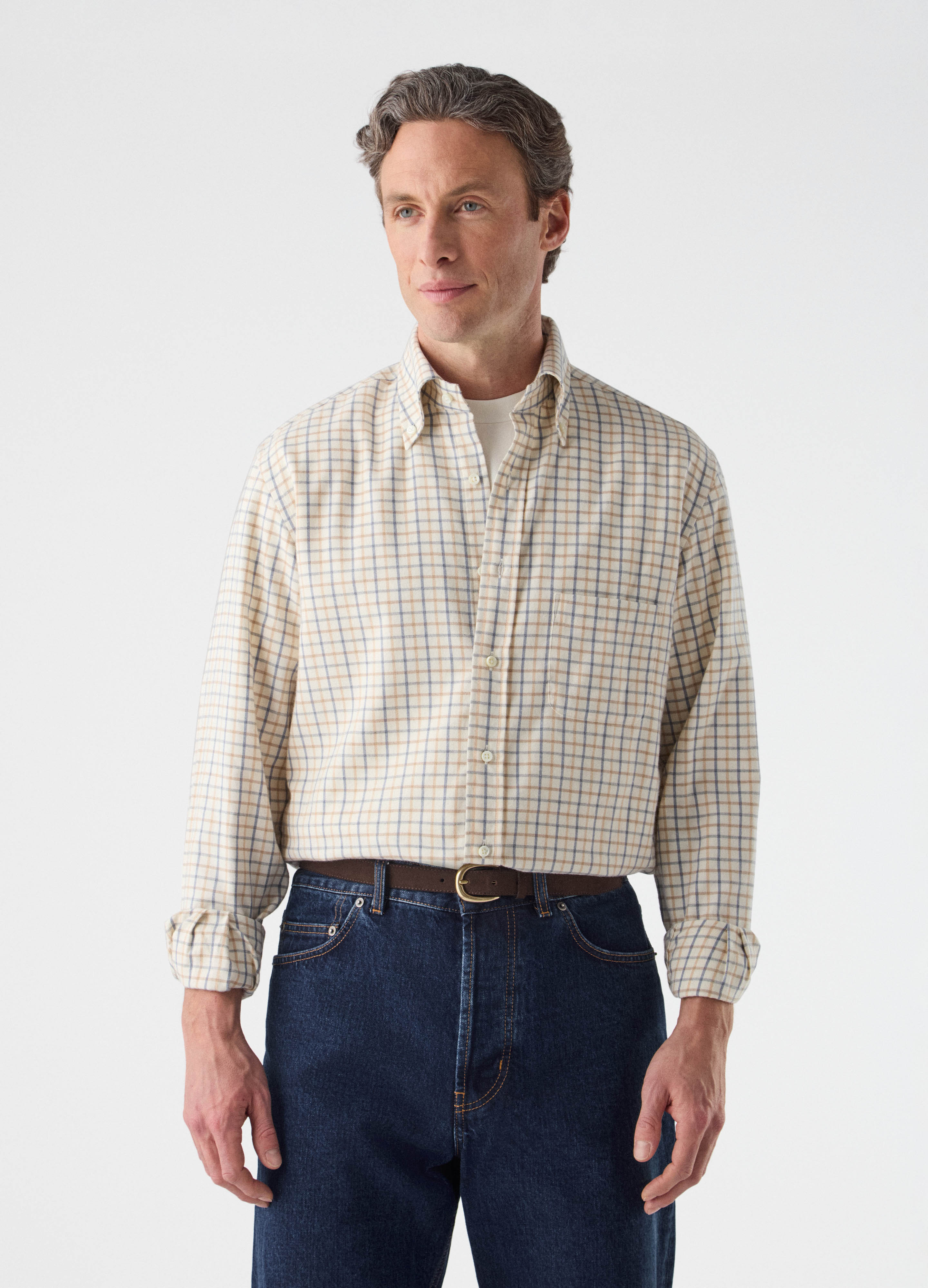 Ferdinand Cotton/Cashmere Button Down Shirt - Cream/Brown/Blue Berg & Berg