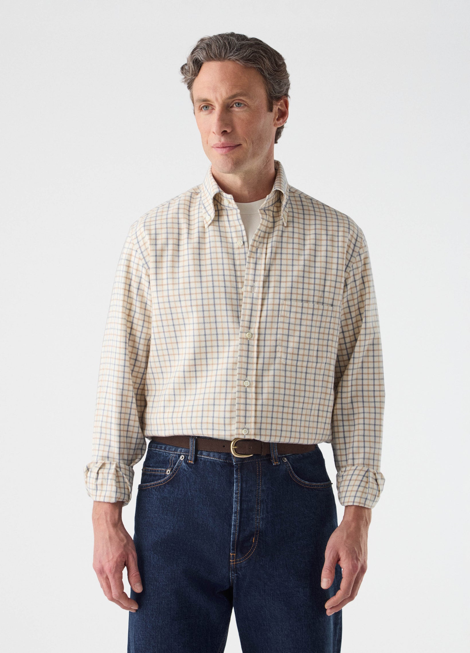 Ferdinand Cotton/Cashmere Button Down Shirt - Cream/Brown/Blue Berg & Berg