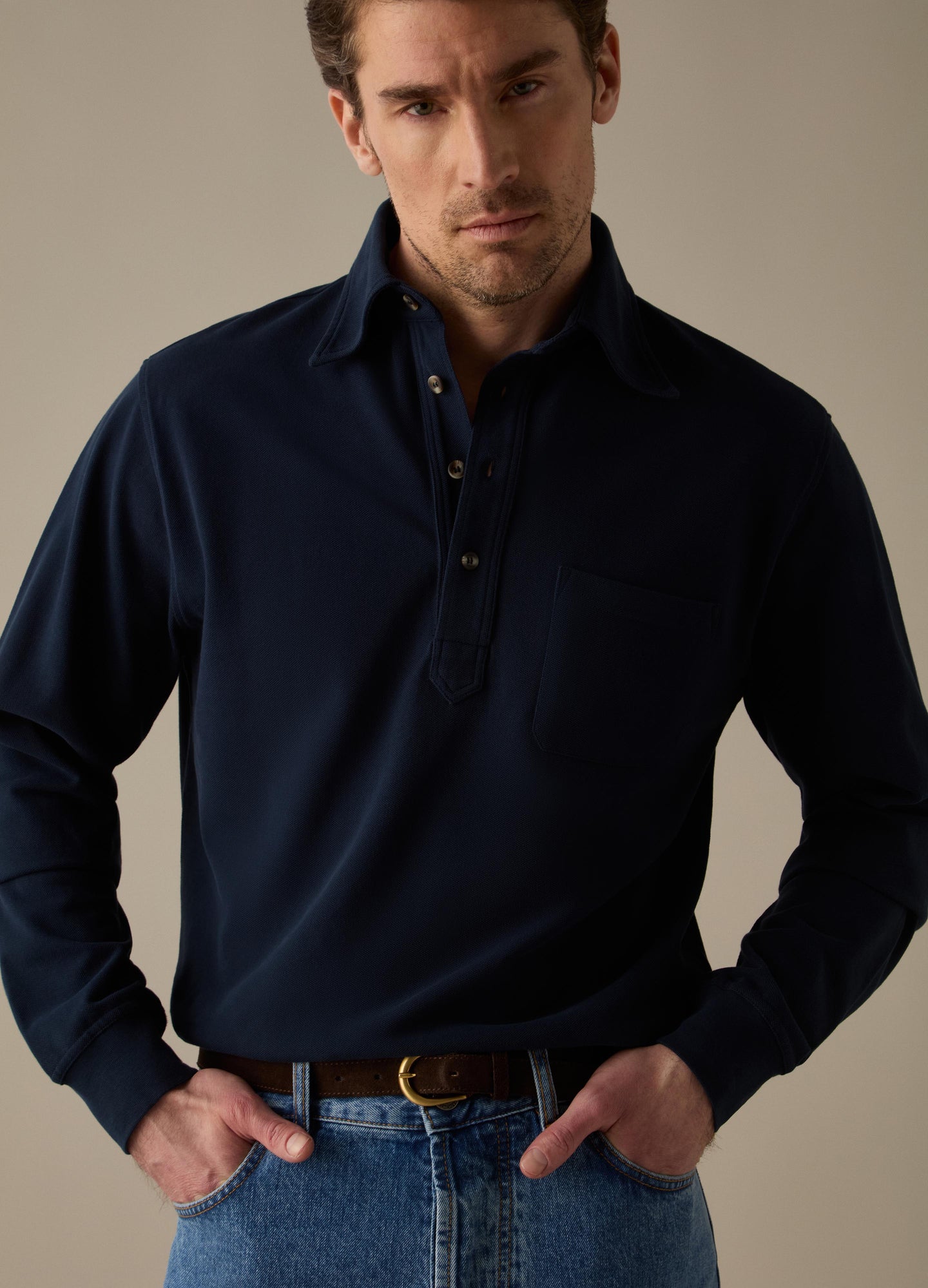 Teddy Long Sleeve Polo Shirt - Navy Berg & Berg