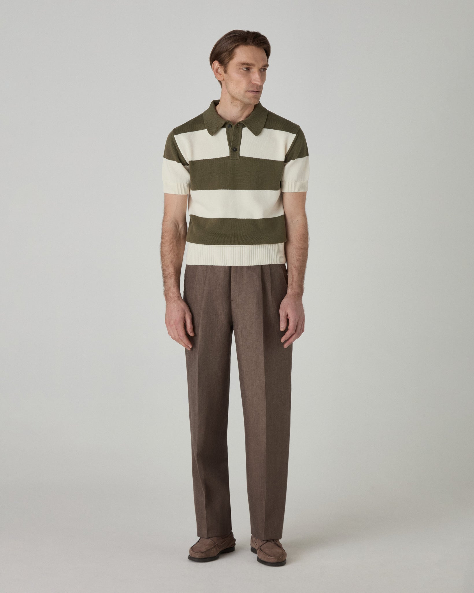 Bror Knitted Polo - Ivory/Olive | Berg & Berg