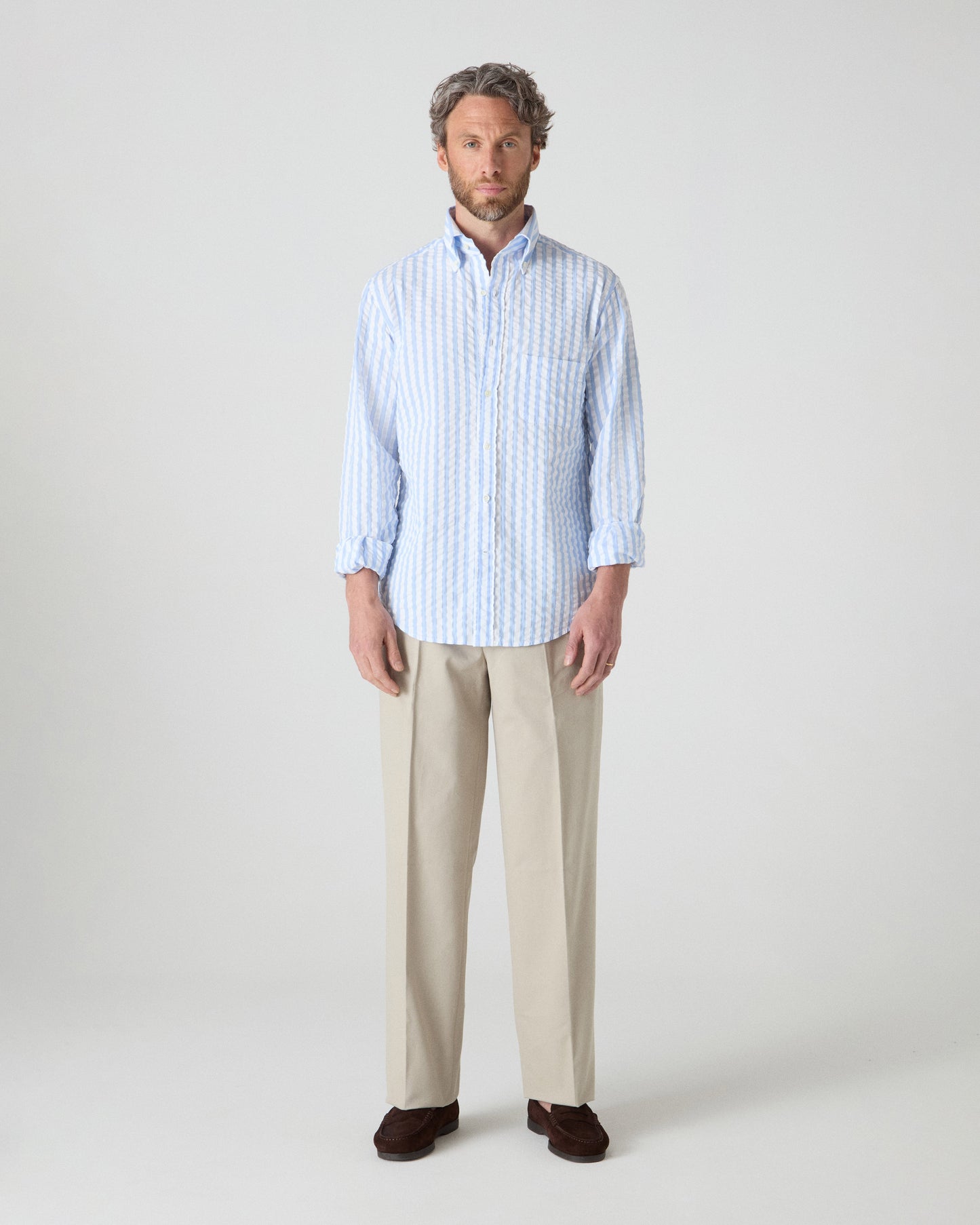 Ferdinand Seersucker Button Down Shirt - White/Light Blue | Berg & Berg