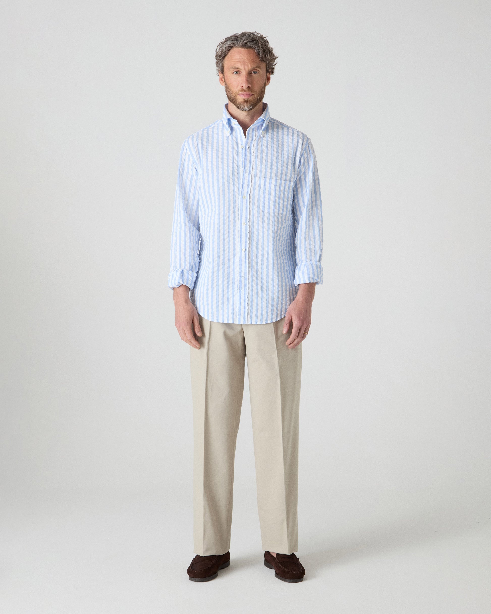 Ferdinand Seersucker Button Down Shirt - White/Light Blue | Berg & Berg