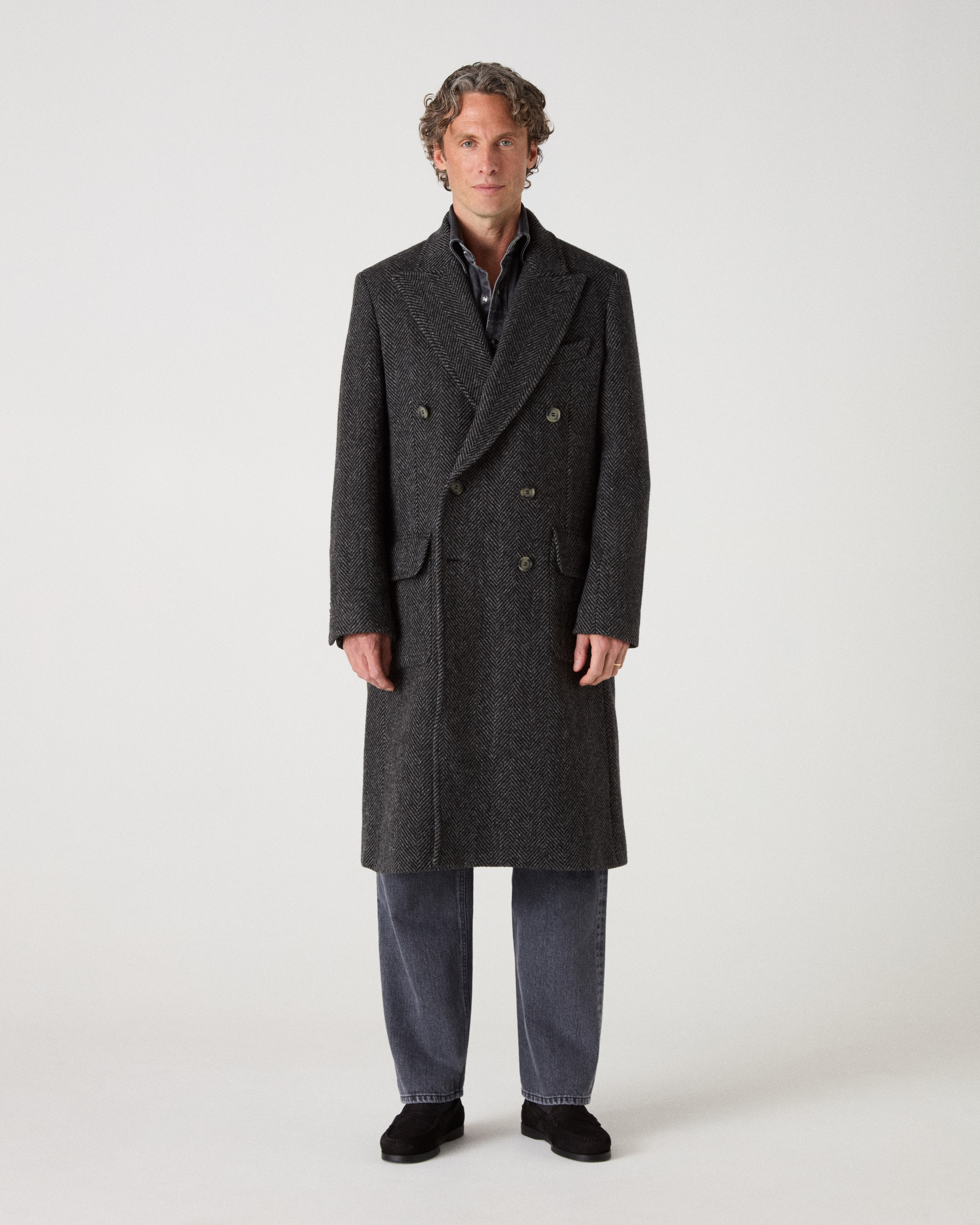 Neo Double Breasted Tweed Coat - Charcoal/Black Herringbone