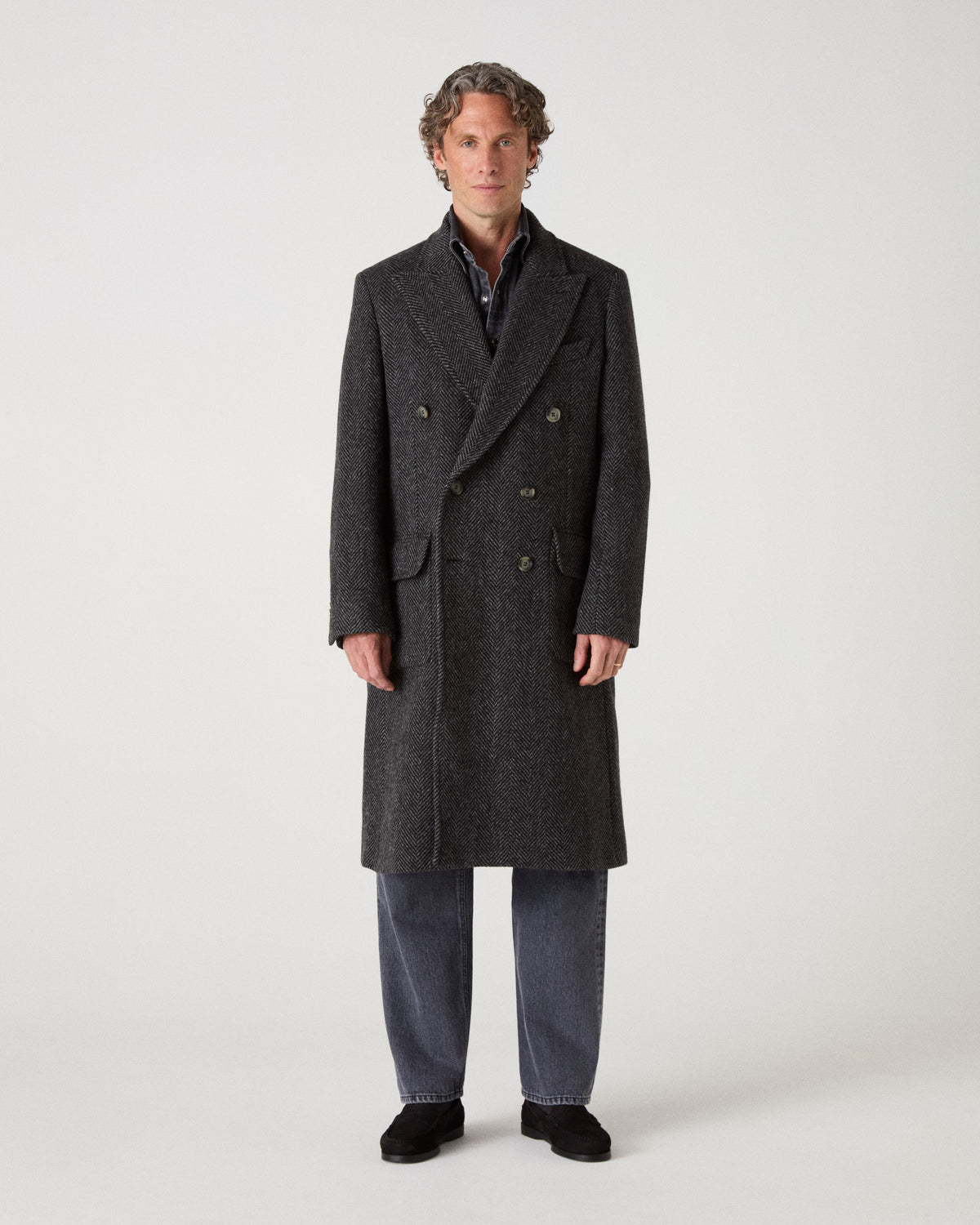 Neo Double Breasted Tweed Coat - Charcoal/Black Herringbone