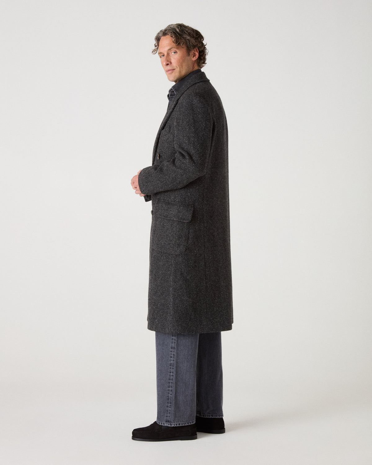 Neo Double Breasted Tweed Coat - Charcoal/Black Herringbone