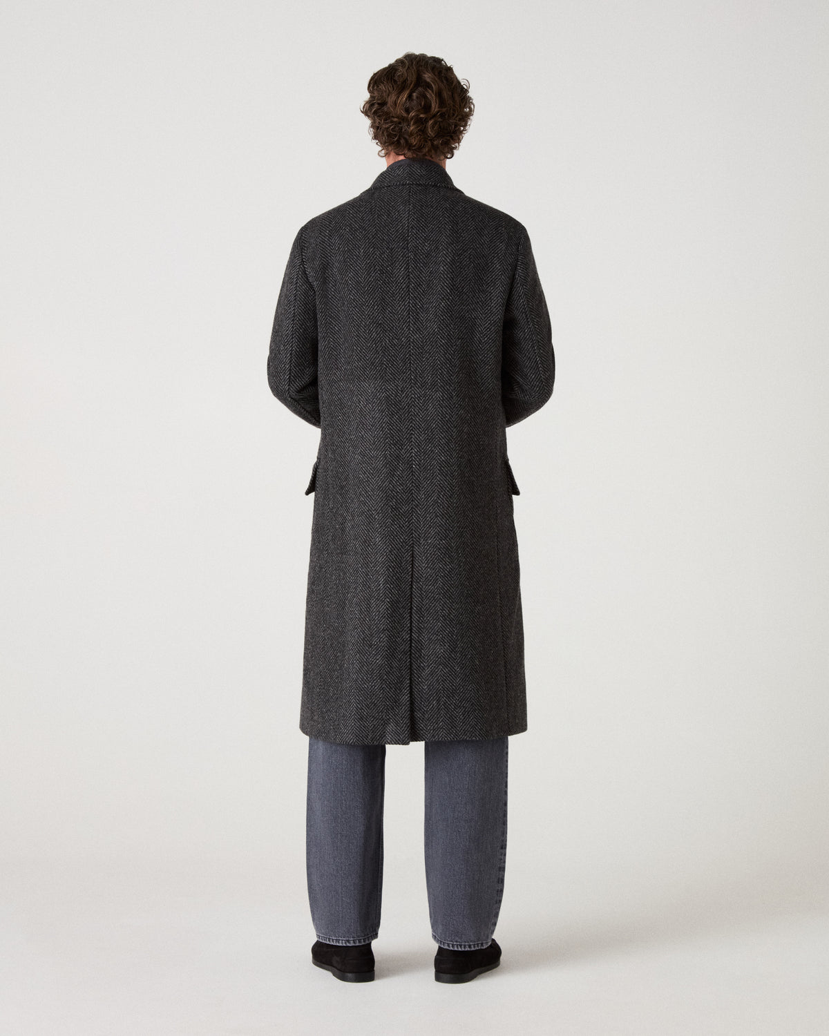 Neo Double Breasted Tweed Coat - Charcoal/Black Herringbone