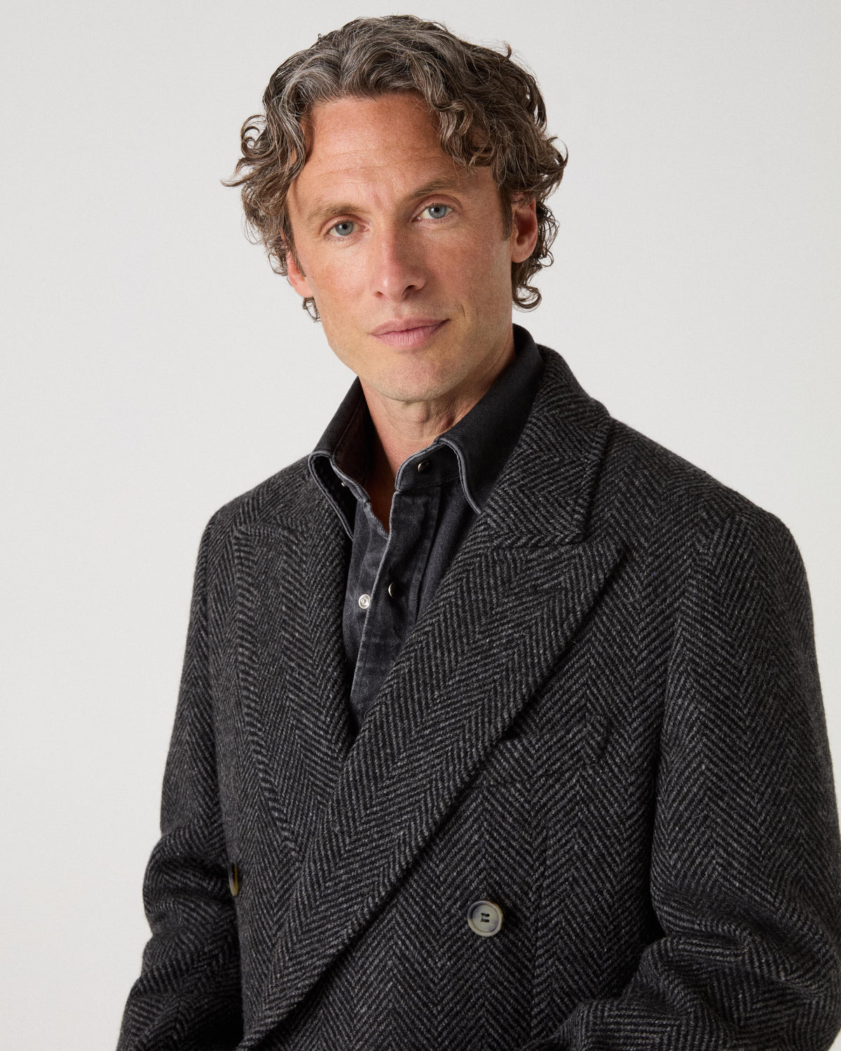 Neo Double Breasted Tweed Coat - Charcoal/Black Herringbone