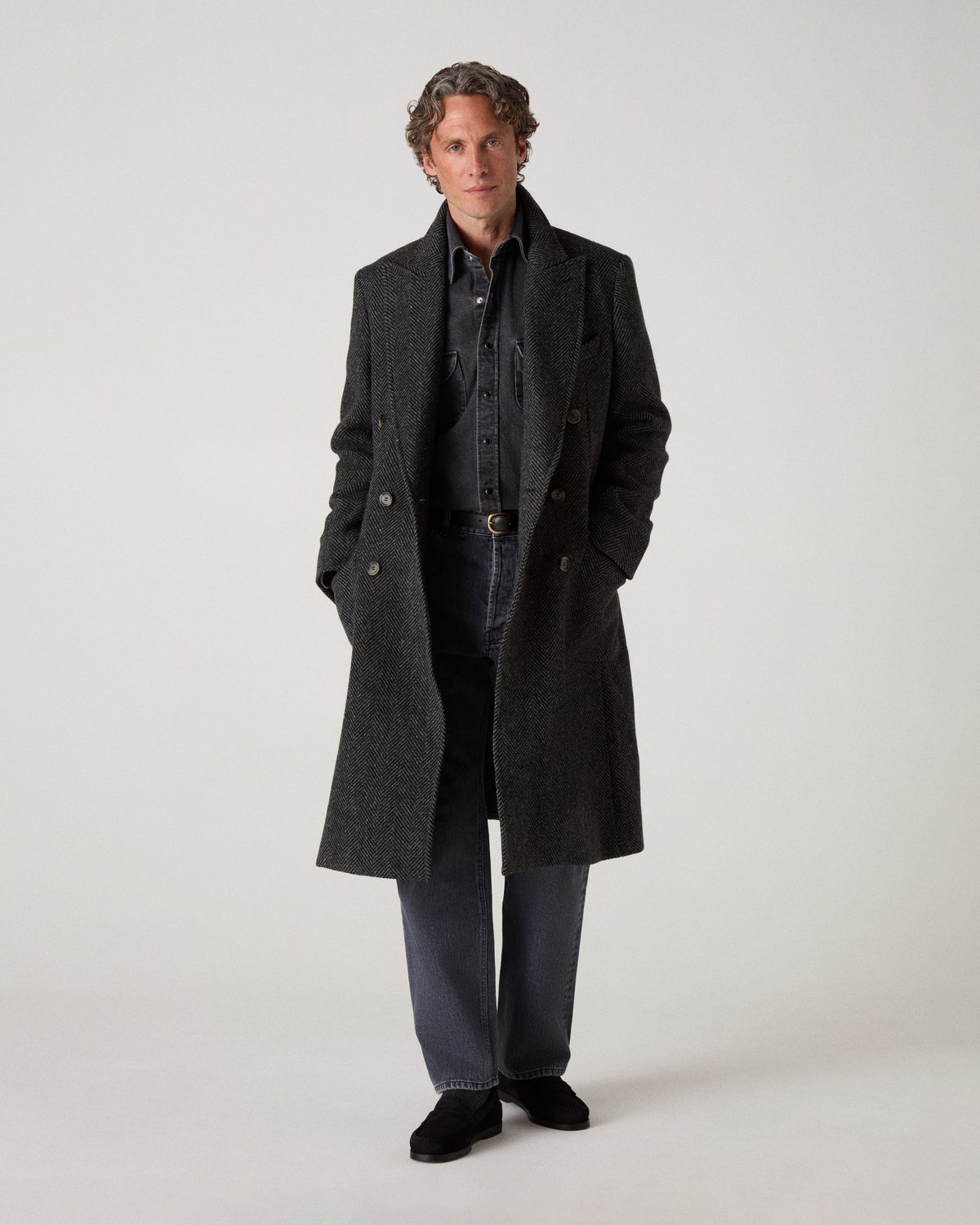 Neo Double Breasted Tweed Coat - Charcoal/Black Herringbone
