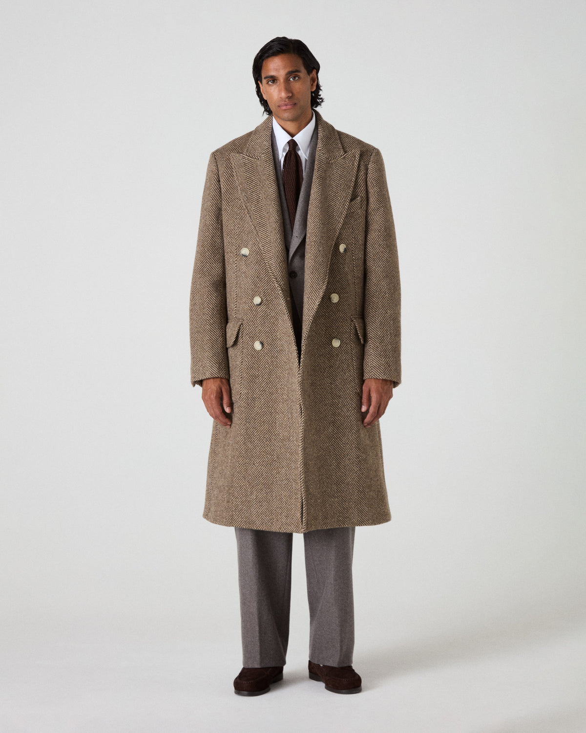 Neo Double Breasted Tweed Coat - Espresso/Tan