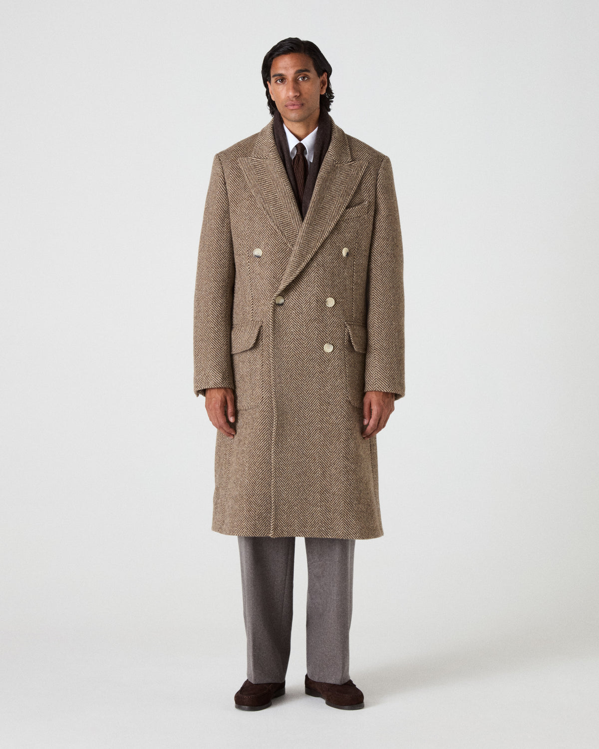 Neo Double Breasted Tweed Coat - Espresso/Tan