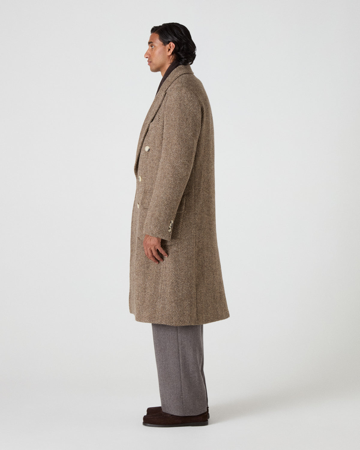 Neo Double Breasted Tweed Coat - Espresso/Tan