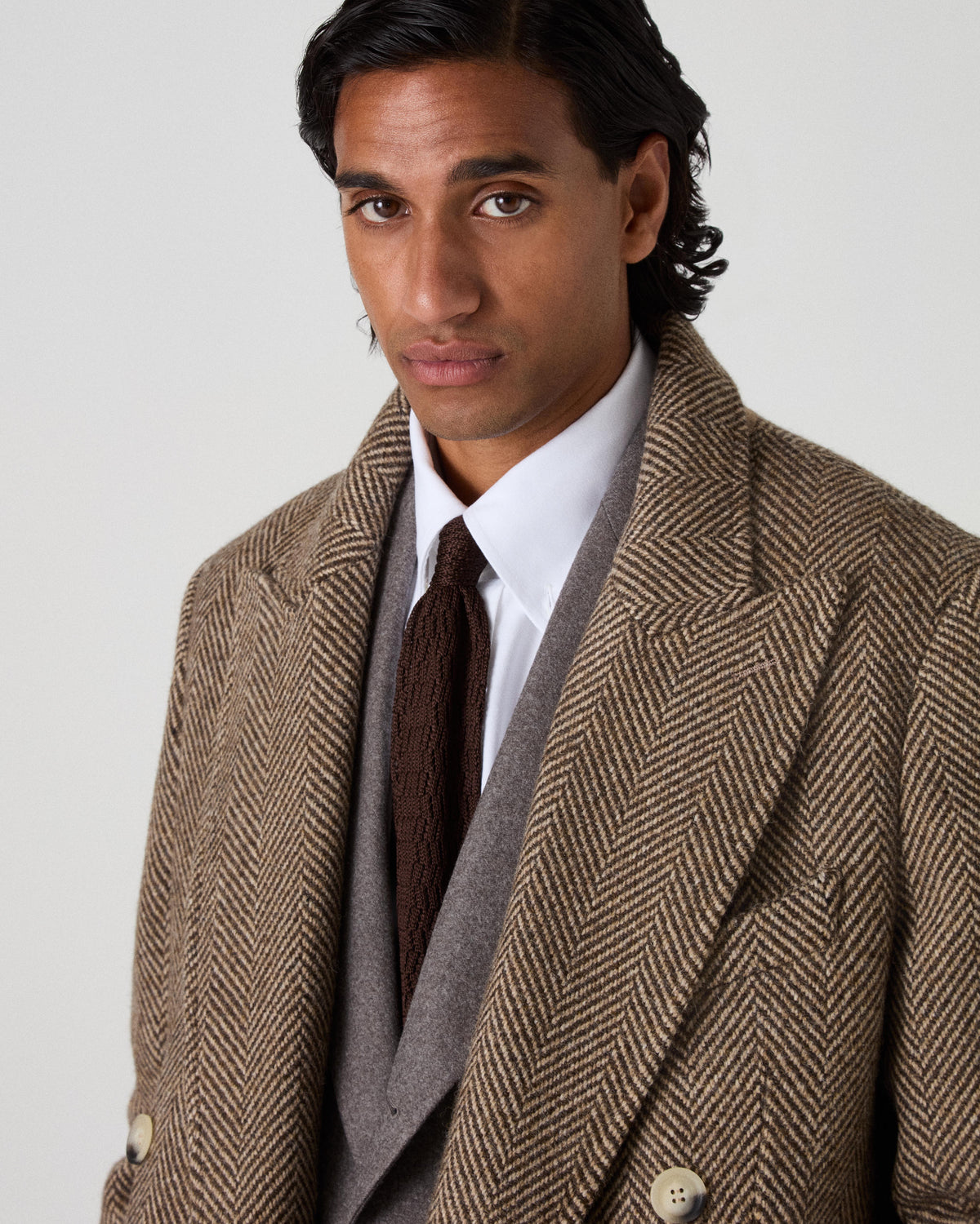 Neo Double Breasted Tweed Coat - Espresso/Tan Berg & Berg